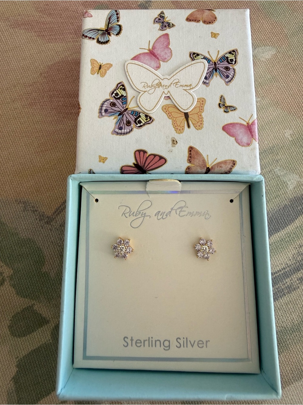 Ruby and Emma 925 Sterling Silver Yellow Gold Plated CZ Flower Stud Earrings NIB
